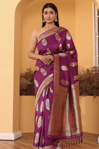 Purple soft silk blend banarasi jacuard work designer party wear saree with unstitched blouse piece