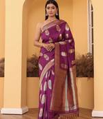 Purple soft silk blend banarasi jacuard work designer party wear saree with unstitched blouse piece