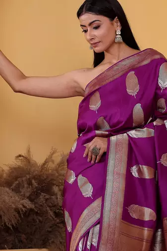 Purple silk blend banarasi saree with unstitched blouse piece