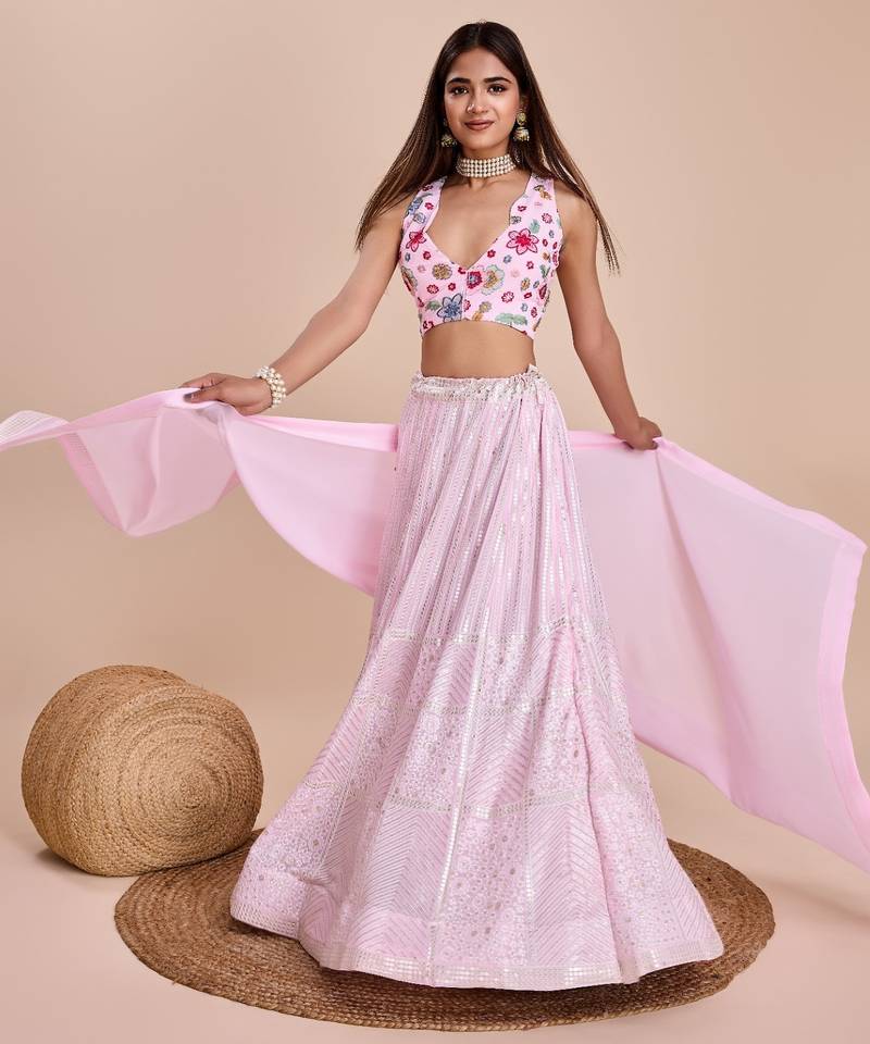 pink embroidered lehenga choli set 