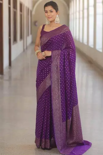 Purple soft silk blend banarasi jacuard work designer party wear saree with unstitched blouse piece