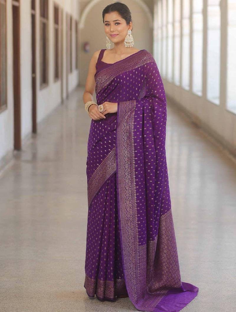 Purple soft silk blend banarasi jacuard work designer party wear saree with unstitched blouse piece