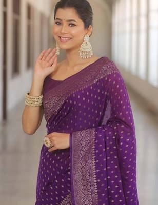 Purple silk blend banarasi saree with unstitched blouse piece 2