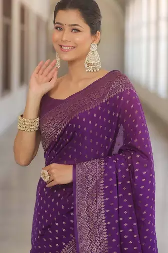 Purple silk blend banarasi saree with unstitched blouse piece
