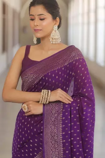 Purple silk blend banarasi saree with unstitched blouse piece