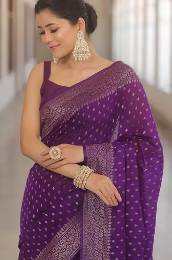 Purple silk blend banarasi saree with unstitched blouse piece
