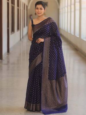Blue silk blend banarasi saree with unstitched blouse piece 1