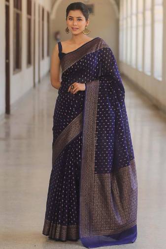 Blue soft silk blend banarasi jacuard work designer party wear saree with unstitched blouse piece