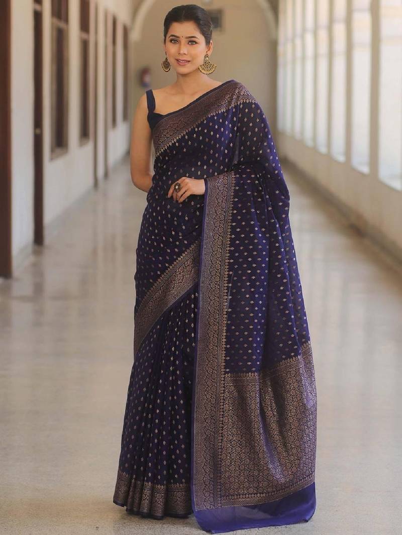 Blue soft silk blend banarasi jacuard work designer party wear saree with unstitched blouse piece