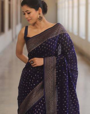 Blue silk blend banarasi saree with unstitched blouse piece 2