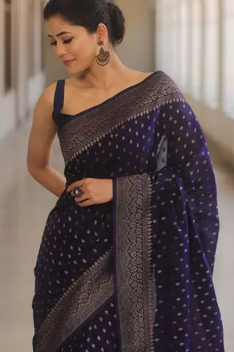 Blue silk blend banarasi saree with unstitched blouse piece