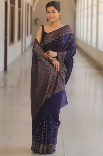 Blue silk blend banarasi saree with unstitched blouse piece