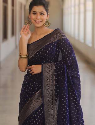 Blue silk blend banarasi saree with unstitched blouse piece 4
