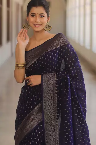 Blue silk blend banarasi saree with unstitched blouse piece