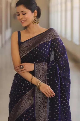 Blue silk blend banarasi saree with unstitched blouse piece