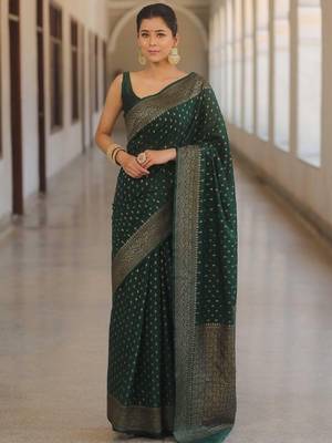 Green silk blend banarasi saree with unstitched blouse piece 1