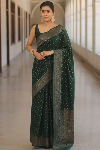 Green soft silk blend banarasi jacuard work designer party wear saree with unstitched blouse piece