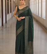 Green soft silk blend banarasi jacuard work designer party wear saree with unstitched blouse piece