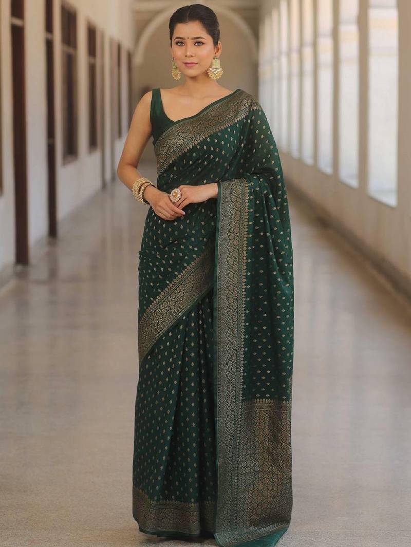 Green soft silk blend banarasi jacuard work designer party wear saree with unstitched blouse piece
