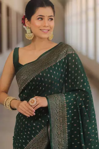 Green silk blend banarasi saree with unstitched blouse piece