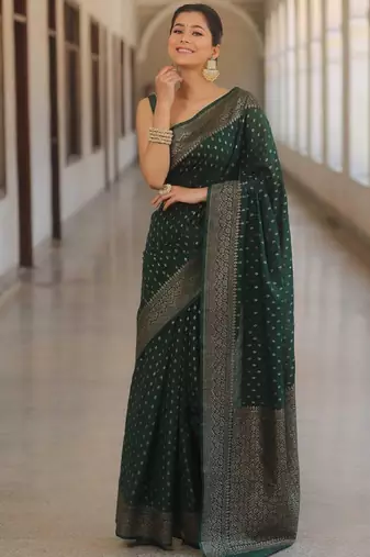 Green silk blend banarasi saree with unstitched blouse piece