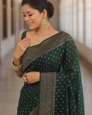 Green silk blend banarasi saree with unstitched blouse piece 4