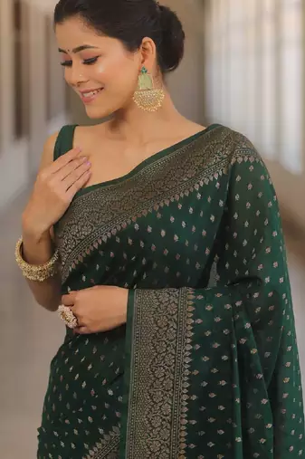 Green silk blend banarasi saree with unstitched blouse piece