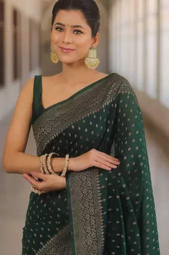 Green silk blend banarasi saree with unstitched blouse piece