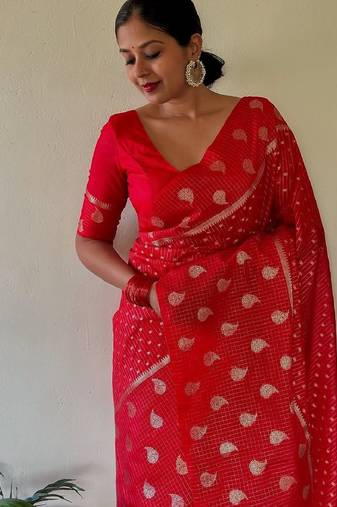 Red soft silk blend banarasi jacuard work designer party wear saree with unstitched blouse piece