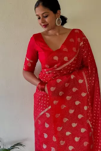 Red soft silk blend banarasi jacuard work designer party wear saree with unstitched blouse piece