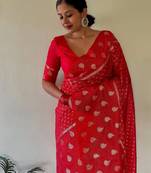 Red soft silk blend banarasi jacuard work designer party wear saree with unstitched blouse piece