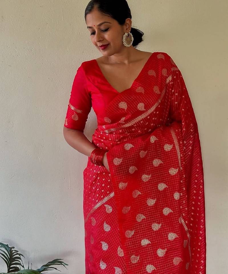 Red soft silk blend banarasi jacuard work designer party wear saree with unstitched blouse piece