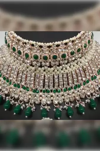 Exquisite crystal and pearl bridal choker set with matching earrings and tikka
