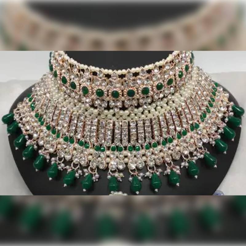 Exquisite crystal and pearl bridal choker set with matching earrings and tikka