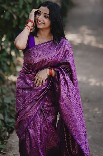 Purple soft silk blend banarasi jacuard work designer party wear saree with unstitched blouse piece