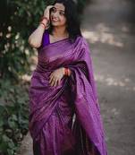 Purple soft silk blend banarasi jacuard work designer party wear saree with unstitched blouse piece