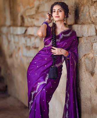 Purple silk blend banarasi saree with unstitched blouse piece 1