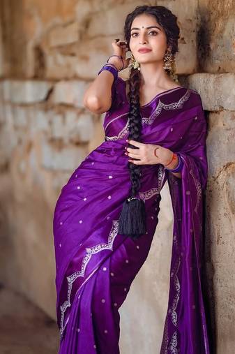 Purple soft silk blend banarasi jacuard work designer party wear saree with unstitched blouse piece