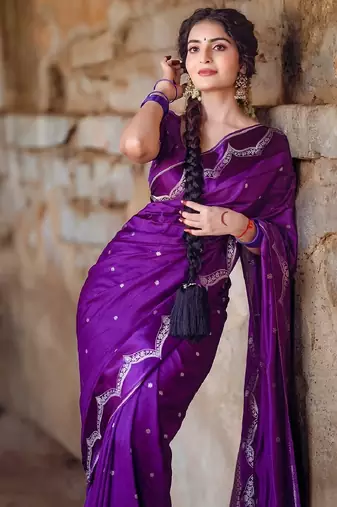 Purple soft silk blend banarasi jacuard work designer party wear saree with unstitched blouse piece