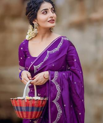 Purple silk blend banarasi saree with unstitched blouse piece 3