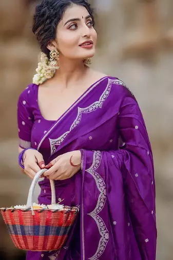 Purple soft silk blend banarasi jacuard work designer party wear saree with unstitched blouse piece