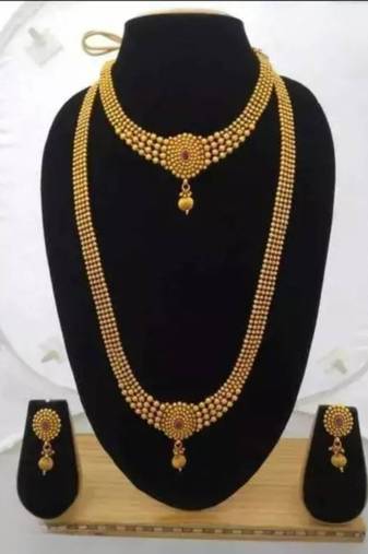 Traditional gold ball combo necklace set long haram with choker and matching earrings