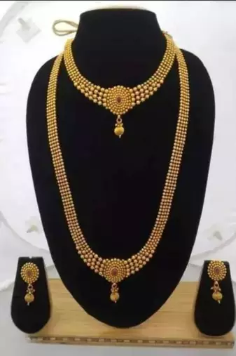 Traditional gold ball combo necklace set long haram with choker and matching earrings