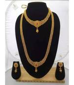 gold ball long haram and choker necklace combo set with earrings