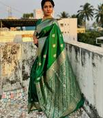 Green soft silk blend banarasi jacuard work designer party wear saree with unstitched blouse piece
