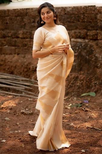 White soft silk blend banarasi jacuard work designer party wear saree with unstitched blouse piece