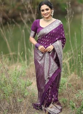 Wine silk blend banarasi saree with unstitched blouse piece 1