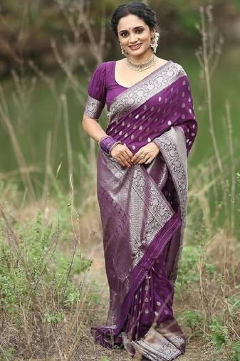 Wine soft silk blend banarasi jacuard work designer party wear saree with unstitched blouse piece