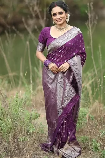 Wine soft silk blend banarasi jacuard work designer party wear saree with unstitched blouse piece