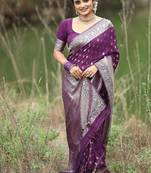 Wine soft silk blend banarasi jacuard work designer party wear saree with unstitched blouse piece